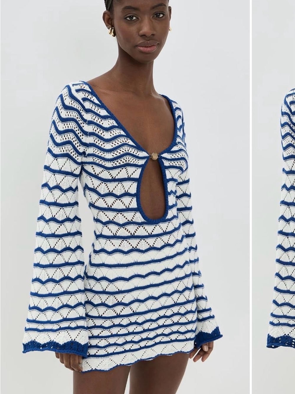 Bananhot Blue & White Crochet Stripe Knit Mini Dress / Beach Coverup